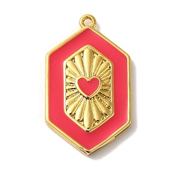 Малиновый Стойки покрытие латунь эмаль кулон, без кадмия и без свинца, долговечный, шестиугольник с подвеской в виде сердца, реальный 18 k позолоченный, малиновый, 23x13.5x3.5 мм, отверстие : 1.2 мм
