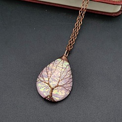 Misty Rose Teardrop with Tree Resin Pendant Necklace, Red Copper Copper Wire Wrapped Necklace, Misty Rose, 20.47 inch(52cm)