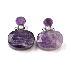 Аметист Кулоны для духов из натурального аметиста, с 304 фурнитурой из нержавеющей стали, граненые, овальные амулеты, цвет нержавеющей стали, 32~33x25~26x10.5~11.5 мм, отверстие : 1.9 мм