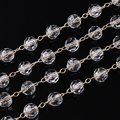 Золотой Стеклянные граненые круглые цепочки из бисера ручной работы, с золотой латуни цепи, пайки, с катушкой, золотые, 4x4 мм, около 82.02 футов (25 м) / рулон