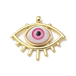 Deep Pink Real 18K Gold Plated Brass Pendants, with Acrylic, Evil Eye Charms, Deep Pink, 26x31x7mm, Hole: 2.5mm