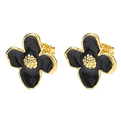 Черный Цветок латунь эмаль серьги стержня, стойки покрытие, без кадмия и без свинца, долговечный, платина, чёрные, 17x15.5 мм