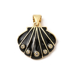 Черный Латунные микро проложить кубического циркония подвески, реальный 18 k позолоченный, долговечный, стойки покрытие, без свинца и без кадмия, подвески в форме ракушек, с эмалью, чёрные, 17x17x4 мм, отверстие : 3x5 мм