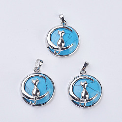 Synthetic Turquoise Synthetic Turquoise Kitten Pendants, with Brass Findings, Flat Round with Cat & Crescent Moon Shape, Platinum, 32x27.5x10mm, Hole: 5x7mm