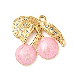 Pink 304 нержавеющей стальной эмали подвески, со стразами, черри прелести, ионное покрытие (ip), реальный 18 k позолоченный, розовые, 21x20.5x3 мм, отверстие : 1.5 мм