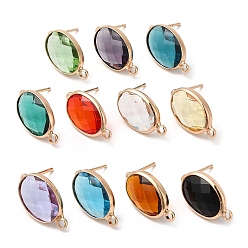 Mixed Color Brass Stud Earring Findings, with Glass and 304 Stainless Steel Pins & Horizontal Loops, Light Glod, Oval, Mixed Color, 18~18.5x10.5x4~4.5mm, Hole: 1.8mm, Pin: 0.8mm