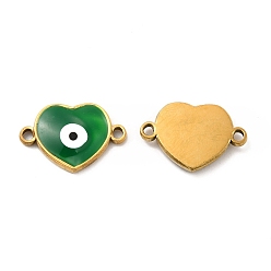 Green 201 Stainless Steel Enamel Connector Charms, Real 24K Gold Plated, Heart Links with Evil Eye, Green, 18x12.5x2.5mm, Hole: 1.6mm