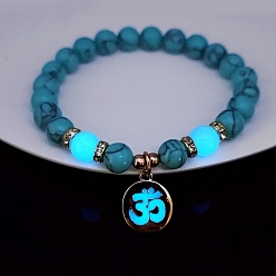 Deep Sky Blue Synthetic Turquoise Stretch Bracelet, with Luminous Glow in the Dark Golden Alloy Yoga Charms, Deep Sky Blue, Inner Diameter: 2-3/8 inch(60mm)