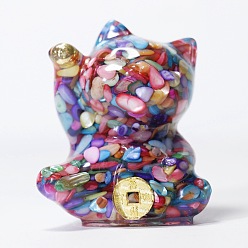 Colorful Shell Chip & Resin Craft Display Decorations, Lucky Cat Figurine, for Home Feng Shui Ornament, Colorful, 63x55x45mm