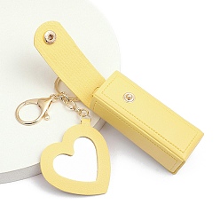 Yellow PU Leather Lipstick Storage Bags, Portable Lip Balm Organizer Holder for Women Ladies, with Light Gold Tone Alloy Keychain and Mirror, Heart, Yellow, 9x2.5cm
