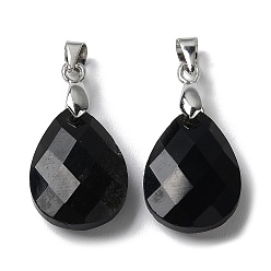 Obsidiana Colgantes naturales de obsidiana, encantos de lágrima, facetados, con revestimiento de iones (ip) fornituras de latón chapado en platino, 18x13x6 mm, agujero: 4x3.3 mm