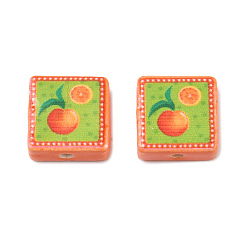 Orange Printed Handmade Porcelain Beads, Square, Orange, 15~15.5x15~15.5x7.5~8mm, Hole: 2mm