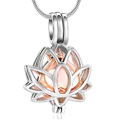 Rose Gold & Stainless Steel Color Lotus Titanium Steel Urn Ashes Necklaces, Locket Necklaces, Rose Gold & Stainless Steel Color, 23.62 inch(60cm)