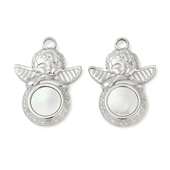 Нержавеющая Сталь Цвет 304 подвески из натуральной белой ракушки из нержавеющей стали, ангельские прелести, цвет нержавеющей стали, 25.5x18.5x3 мм, отверстие : 2.5 мм