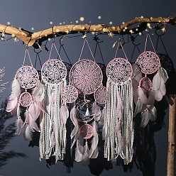 Pink 5Pcs 5 Style Indian Style Macrame Wall Hanging, Iron Woven Web/Net with Feather Pendant Decorations, Pink, 540~820mm, 1pc/style