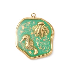 Зеленый 304 подвески из нержавеющей стали, эпоксидной смолы, с натуральными ракушками и пайетками внутри, самородки с подвесками в форме морского конька и ракушки, реальный 18 k позолоченный, вакуумное покрытие pvd, зелёные, 24x19.5x2.5 мм, отверстие : 1.5 мм