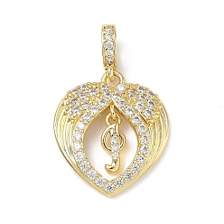 Letter J Латунные микропаве прозрачные подвески с фианитом, крыло с буквенными подвесками, без свинца и без кадмия, долговечный, стойки покрытие, реальный 18 k позолоченный, буква J, 20.5x18x3.5 мм, отверстие : 4.5x3.5 мм