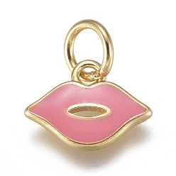 Бледно-Розовый Настоящие золотые латунные эмалевые брелоки 18 k, макияж прелести, долговечный, губа, розовый жемчуг, 8x11x1 мм, отверстие : 3 мм