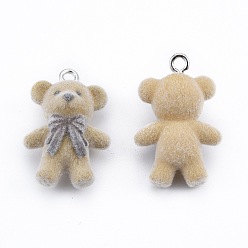 Tan Opaque Resin Pendants, with Platinum Tone Iron Loops, Flocky Bear Charm with Bowknot, Tan, 30x20x12.5mm, Hole: 2.5mm