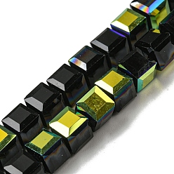 Black Electroplate Glass Beads Strands, Half Rainbow Plated, Faceted, Cube, Black, 7~7.5x7~7.5x7~7.5mm, Hole: 1mm