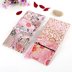 Pink Square Chinese Style Brocade Zipper Bags with Tassel, for Bracelet, Necklace, Random Pattern, Pink, 11.5x11.5cm