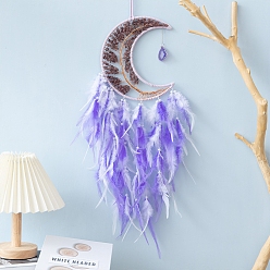 Medium Purple Moon with Tree of Life Natural Strawberry Quartz Chips Woven Web/Net with Feather Decorations, Home Decoration Ornament Festival Gift, Medium Purple, 160mm
