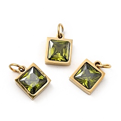 Olive Drab Vacuum Plating 304 Stainless Steel Pendants, with Cubic Zirconia and Jump Rings, Single Stone Charms, Square, Golden, Olive Drab, 9.5x8x3.5mm, Hole: 3.4mm