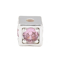 Pink Latón pavimenta cuentas de circonita cúbica, cubo, chapado en rack, larga duración plateado, sin plomo y el cadmio, plata, rosa, 7x7.5x7.5 mm, agujero: 2 mm