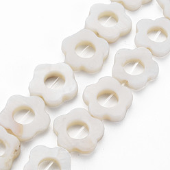 White Freshwater Shell Beads Frames Strands, Dyed, Flower, White, 14.5~15x15~16x2.5mm, Hole: 1mm, about 23pcs/strand, 13.19 inch(35cm)