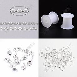 Серебро Наборы для самостоятельного изготовления цепочек/браслетов, включая латунные кабельные цепи, пластиковые катушки, Карабин-лобстер из цинкового сплава, железа открыты кольца прыжок, серебряные, Коннекторы : 3.5x3x0.5 мм, 10 м