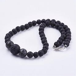 Larvikite Колье из натурального ларвикита из бисера, с бусинами из натурального вулканического камня и платиновыми латунными застежками в виде когтей лобстера, 17.71 дюйм (45 см)