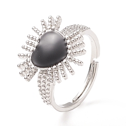 Platinum Black Cubic Zirconia Heart Sun Adjustable Ring, Brass Jewelry for Women, Cadmium Free & Lead Free, Platinum, Inner Diameter: 16.2~21mm