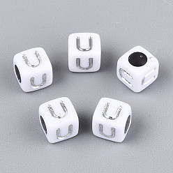 Letter U Акриловые бусины, горизонтальное отверстие, металлическое покрытие, кубические, белые, Буква U, 6x6x6 мм, отверстие : 3.5 мм, 2600 шт / 500 г