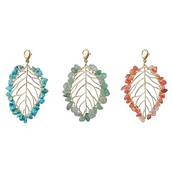 Mixed Color Gemstone Leaf Pendant  Decorations, Mixed Color, 68~71mm, 3pcs/set