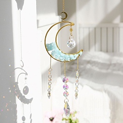 Aquamarine Synthetic Aquamarine Wrapped Moon Hanging Ornaments, Teardrop Glass Tassel Suncatchers for Home Outdoor Decoration, 450mm