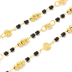 Black Brass Handmade Beaded Chains, with Glass Beads, with Spool, Unwelded, Real 18K Gold Plated, Black, 0.5~7x2~4mm, about 32.81 Feet(10m)/Roll