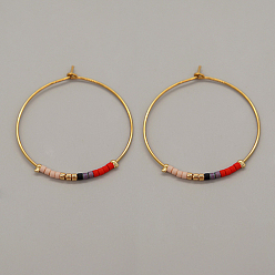 Red Glass Seed Beaded Hoop Earrings, Boho Beach Earrings, Red, 30x30mm