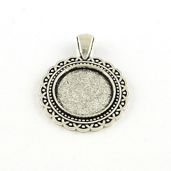 Antique Silver Flat Round Tibetan Style Alloy Pendant Cabochon Settings, Lead Free, Antique Silver, Tray: 20mm, 40x31x2.5mm, Hole: 4x6mm, about 160pcs/1000g