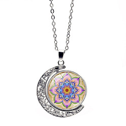 Dark Khaki Glass Moon with Mandala Flower Pendant Necklace, Stainless Steel Jewelry for Women, Dark Khaki, 17.72 inch(45cm)