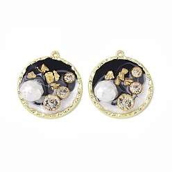 Black Rack Plating Alloy Enamel Pendants, with Resin, ABS Imitation Pearl Beads, Rhinestone and Glass Beads, Cadmium Free & Nickel Free & Lead Free, Flat Round, Black, 36x33.5x7mm, Hole: 1.8mm