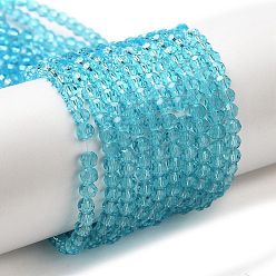 Cyan Transparent Glass Beads Strands, Faceted(32 Facets), Round, Cyan, 3~3.5mm, Hole: 0.6mm, about 174~175pcs/strand, 21.18~21.34 inch(53.8~54.2cm)