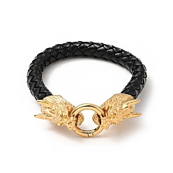 Golden Leather Braided Round Cord Bracelet, 304 Stainless Steel Dragon Head Clasps Gothic Bracelet for Men Women, Golden, 8-3/4 inch(22.3cm)