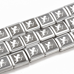 Platinum Plated Electroplate Non-magnetic Synthetic Hematite Beads Strands, Square with Cupid/Cherub, Platinum Plated, 7x7x4mm, Hole: 1.5mm, about 57pcs/strand, 15.7 inch