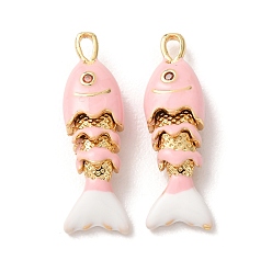 Pink Подвески из латуни с микропаве, оранжево-красные кубические цирконы, с эмалью, рыбы прелести, стойки покрытие, долговечный, без свинца и без кадмия, реальный 18 k позолоченный, розовые, 26x8.5x6 мм, отверстие : 1x3 мм