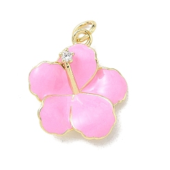 Pearl Pink Brass Micro Pave Clear Cubic Zirconia Pendants, with Enamel, Flower Charms, Rack Plating, Long-Lasting Plated, Cadmium Free & Lead Free, Real 18K Gold Plated, Pearl Pink, 21.5x19x4.5mm, Hole: 3mm