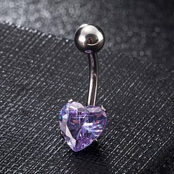Medium Purple Piercing Jewelry, Brass Cubic Zirconia Navel Ring, Belly Rings, with 304 Stainless Steel Bar, Lead Free & Cadmium Free, Heart, Platinum, Medium Purple, 20x8mm, Bar: 15 Gauge(1.5mm), Bar Length: 3/8"(10mm)