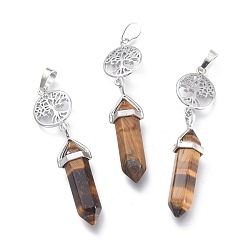 Tiger Eye Natural Tiger Eye Pointed Big Pendants, with Platinum Plated Brass Findings, Faceted, Bullet & Tree of Life, 59~67x14~15mm, Hole: 7x5mm