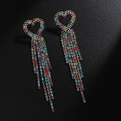 Silver + colored diamonds Colorful Tassel Earrings with Heart-shaped Pendant and Shiny Rhinestones