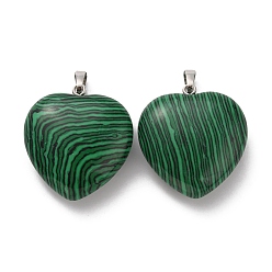 Malachite Synthetic Malachite Pendants, Heart Charms, with Rack Plating Platinum Tone Brass Snap on Bails, 32~33x30~31x12~13mm, Hole: 5x8mm