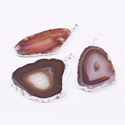Sienna Natural Agate Big Pendants, with Brass Findings, Nuggets, Silver Color Plated, Sienna, 59~91x32~65x3~6mm, Hole: 5x7mm